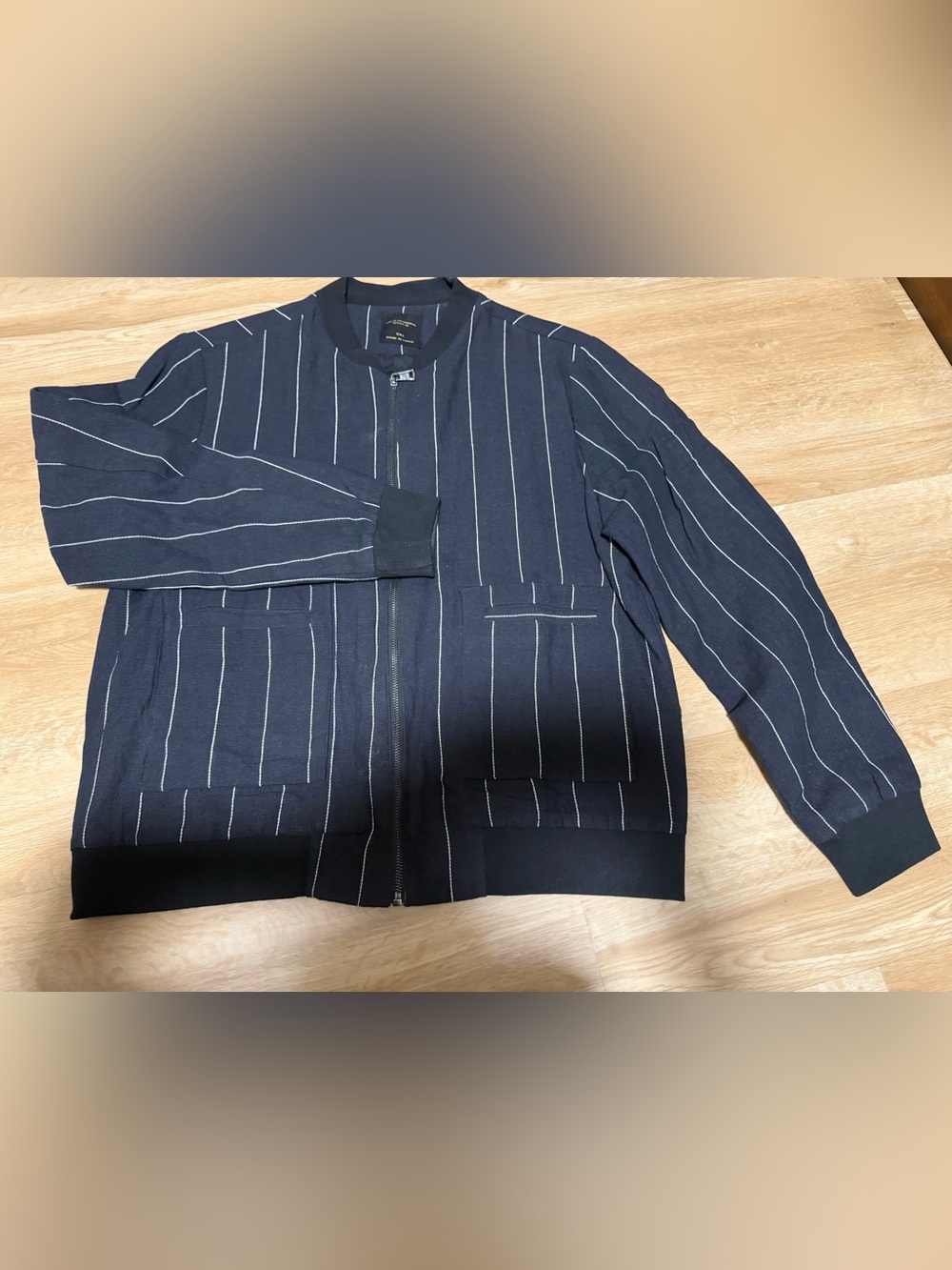 Men's black Pinstripe Zip-Front bomber jacket